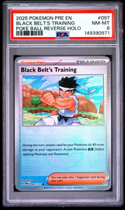2025 POKEMON PRE POKE BALL REVERSE HOLO #097 BLACK BELT'S TRAINING PSA 8 - Image 1