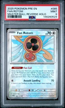 2025 POKEMON PRISMATIC EVOLUTIONS MASTER BALL REVERSE HOLO #085 FAN ROTOM PSA 9 - Image 1