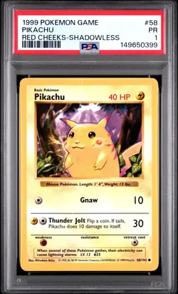 1999 POKEMON BASE SET SHADOWLESS RED CHEEKS-#58 PIKACHU PSA 1 - Image 1