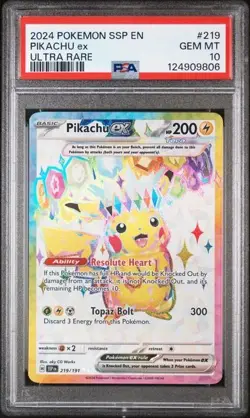 2024 Pokemon SSP EN-Surging Sparks #219 Pikachu EX Ultra Rare PSA 10 - Image 1