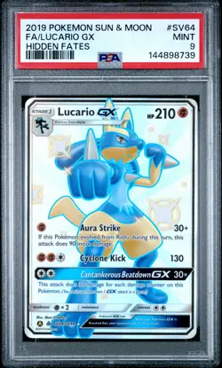 2019 POKEMON SUN & MOON HIDDEN FATES #SV64 FULL ART/LUCARIO GX PSA 9 - Image 1