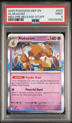 2025 POKEMON MEP MEGA EVOLUTION PRERELEASE-STAFF #003 ALAKAZAM PSA 9 - Image 1