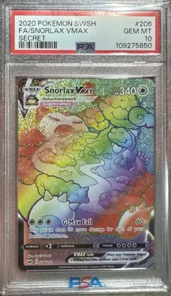 2020 POKEMON SWORD & SHIELD SECRET #206 FULL ART/SNORLAX VMAX PSA 10 - Image 1