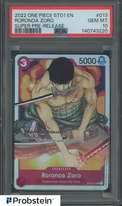 2022 One Piece ST01 EN Super Pre-Release #ST01-013 Roronoa Zoro PSA 10 GEM MINT - Image 1