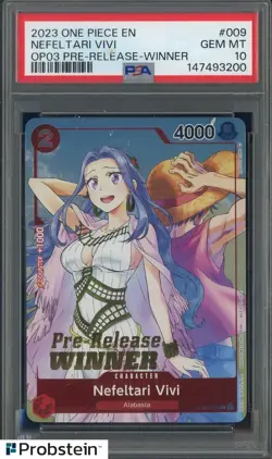2023 One Piece EN OP03 Pre-Release Winner #009 Nefeltari Vivi PSA 10 GEM MINT - Image 1