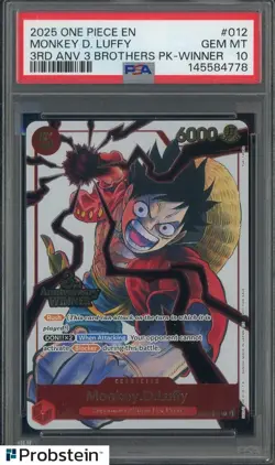 2025 One Piece EN 3rd Anniversary 3 Brothers Winner #012 Monkey D Luffy PSA 10 - Image 1