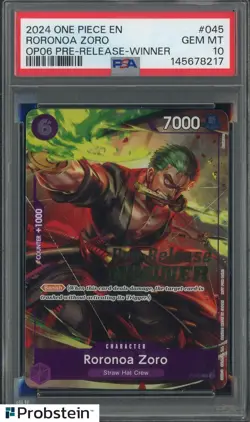 2024 One Piece EN OP06 Pre-Release Winner #045 Roronoa Zoro PSA 10 GEM MINT - Image 1