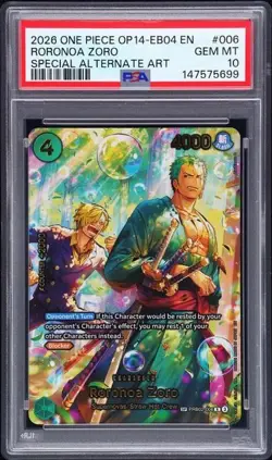 ONE PIECE RORONOA ZORO 2026 OP14 THE AZURE SEA'S SEVEN #006 PSA 10 - Image 1