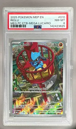 142423625 Riolu 2025 Pokemon Lucario Mega Evolution ETB Promo #010 PSA 8 - Image 1