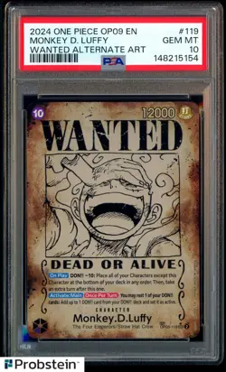 2024 One Piece OP09 En #119 Monkey D. Luffy Wanted Alternate Art PSA 10 GEM MINT - Image 1