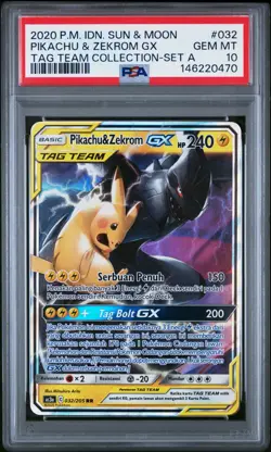 PSA 10 Gem Mint Pikachu & Zekrom GX 032 Full Art Tag Team Indonesian Pokemon - Image 1