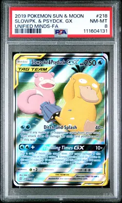 2019 POKEMON UNIFIED MINDS SLOWPOKE & PSYDUCK GX #218 PSA 8 NM #111604131 - Image 1