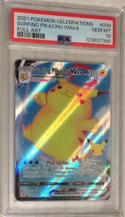 2021 Pokemon SWSH Celebrations PSA 10 Surfing Pikachu VMAX FULL ART Holo #009 - Image 1