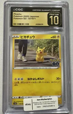 Pikachu 027/071 S10b Pokemon GO CGC PRISTINE 10 Japanese - Image 1
