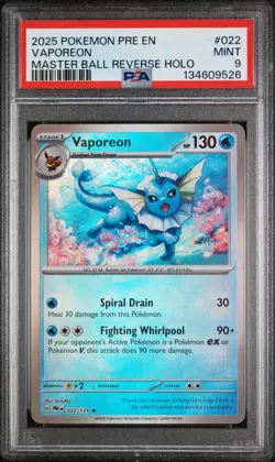 2025 POKEMON PRE EN-PRISMATIC EVOLUTIONS MASTER BALL REVERSE HOLO VAPOREON PSA 9 - Image 1