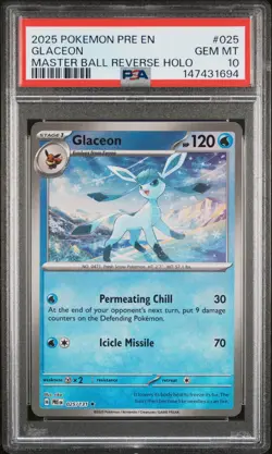2025 POKEMON PRE EN-PRISMATIC EVOLUTIONS MASTER BALL REVERSE HOLO GLACEON PSA 10 - Image 1
