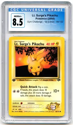 CGC 8.5 NM/MINT+ Lt. Surge's Pikachu Gym Challenge 1st Ed. Pokemon 84/132 -13 - Image 1
