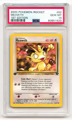 PSA 10 GEM MINT Meowth Team Rocket 1st Edition 2000 Pokemon WOTC 62/82 -20 - Image 1