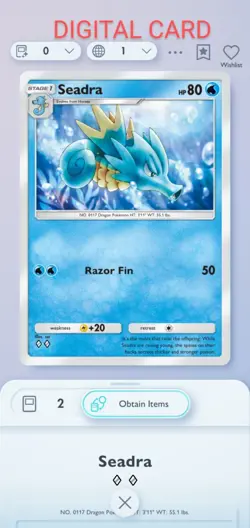 Pokemon Pocket Mobile Game Wisdom Of Sea And Sky Set Seadra ◇◇ Rare Trade Card - Image 1