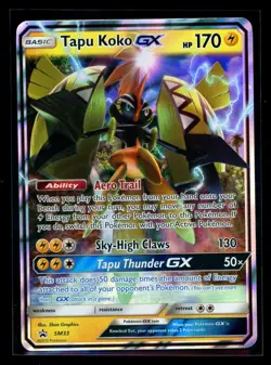 2017 Sun & Moon Promos Tapu Koko GX #SM33 Ultra Rare Holo Pokemon Card - Image 1