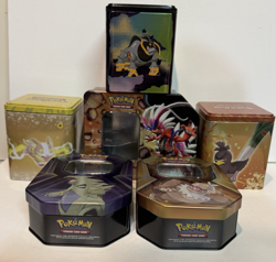 Pokemon Tins Lot Of 6 Various Empty Tins Only + 3 Mini Binders + B&W Poster - Image 1