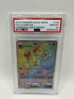 2018 POKEMON SUN & MOON FORBIDDEN LIGHT SECRET #135 FULL ART/LUCARIO GX PSA 10 - Image 1