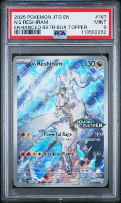 2025 Pokemon Journey Together #167 N's Reshiram Enhanced Box Topper PSA 9 Card! - Image 1