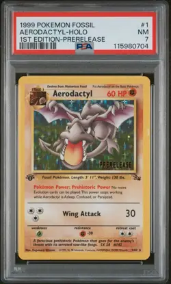 1999 POKEMON FOSSIL 1ST EDITION #1/62 AERODACTYL PRERELEASE PSA 7 - Image 1