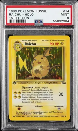 1999 POKEMON FOSSIL 1ST ED #14 RAICHU-HOLO PSA 9 - Image 1