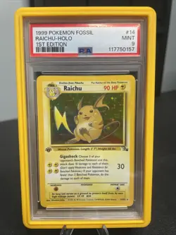1999 POKEMON FOSSIL 1ST ED #14 RAICHU-HOLO PSA 9 - Image 1