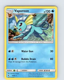 Pokemon TCG Vaporeon S&M Hidden Fates 18/68 Holo Rare Card NM - Image 1