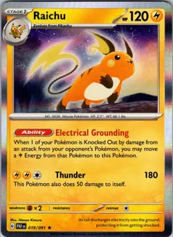 Pokemon TCG Raichu Scarlet & Violet Paldean Fates 019/091 Holo Rare Card NM - Image 1