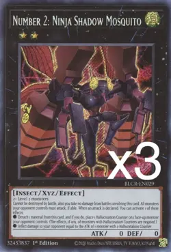 3X Yugioh Number 2: Ninja Shadow Mosquito BLCR-EN029 Secret Rare 1st Edition NM - Image 1