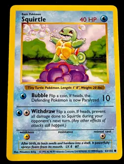 Squirtle Shadowless 63/102 LP Ungraded Base Set Pokemon 1999 Light Play - Image 1