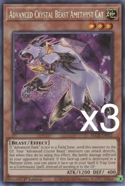 3X Yugioh Advanced Crystal Beast Amethyst Cat BLCR-EN011 Secret Rare 1st Ed NM - Image 1