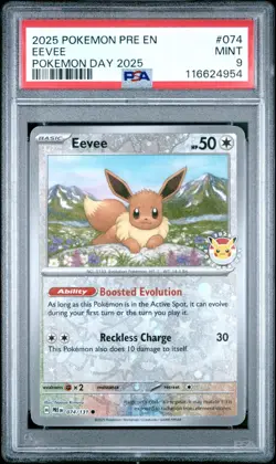 2025 POKEMON PRE EN-PRISMATIC EVOLUTIONS 074 EEVEE POKEMON DAY 2025 PSA 9 - Image 1