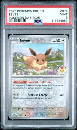 2025 POKEMON PRE EN-PRISMATIC EVOLUTIONS 074 EEVEE POKEMON DAY 2025 PSA 9 - Image 1