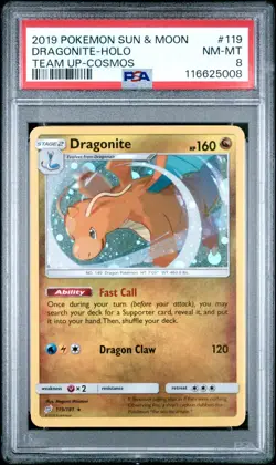 2019 POKEMON SUN & MOON TEAM UP 119 DRAGONITE-HOLO COSMOS PSA 8 - Image 1