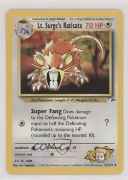 Lt Surge's Raticate Pokemon Gym Heroes #51 2000 1bm4 - Image 1