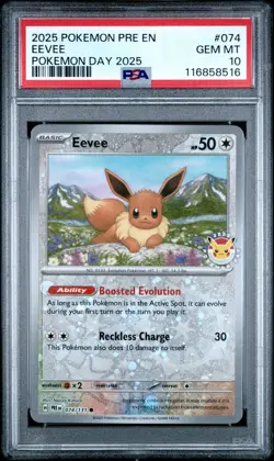 2025 POKEMON PRE EN-PRISMATIC EVOLUTIONS POKEMON DAY 2025 #074 EEVEE PSA 10 - Image 1