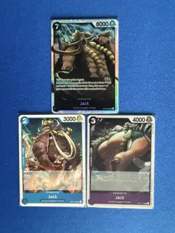 Jack One Piece TCG 3-card lot OP08 Super Rare+OP01 Rare+OP02 Uncommon - PWE! - Image 1