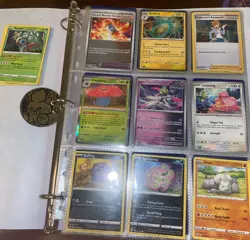 Pokemon- binder all cards shown included 5 Cards Of Higher Rarity+ 1 Gold Coin - Image 1
