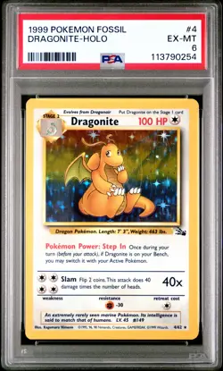 1999 POKEMON FOSSIL #4 DRAGONITE-HOLO PSA 6 - Image 1