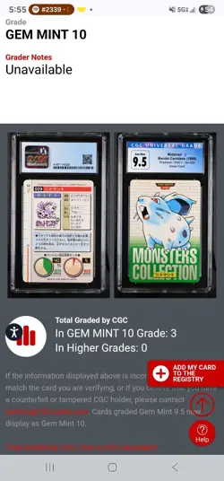 NIDORAN BANDAI CARDDASS - CGC 10 - 1996 Pokemon Part 1 - 029 Green Card - Image 3
