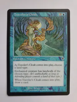 MTG Magic The Gathering Card Traveler's Cloak Enchant Creature Blue Invasion - Image 1