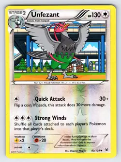 Unfezant 80/108 2015 XY Roaring Skies Pokemon Card TCG Reverse Holo - Lp - Image 1