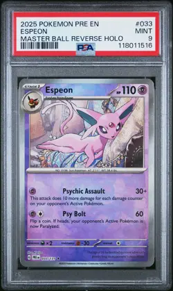 Espeon #033 2025 Pokemon Pre En-Prismatic Evolutions PSA 9 Master Ball A - Image 1