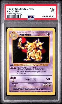 PSA 1 Kadabra 1st Edition Shadowless 032/102 Base Set 1999 Pokemon WoTC PR - Image 1
