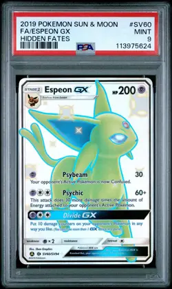 2019 POKEMON SUN & MOON HIDDEN FATES #SV60 FULL ART/ESPEON GX PSA 9 - Image 1