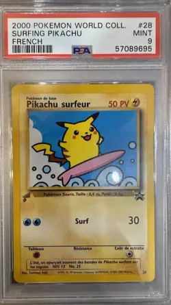 2000 Pokemon French World Collection Surfing Pikachu #28 PSA 9 MINT - Image 1